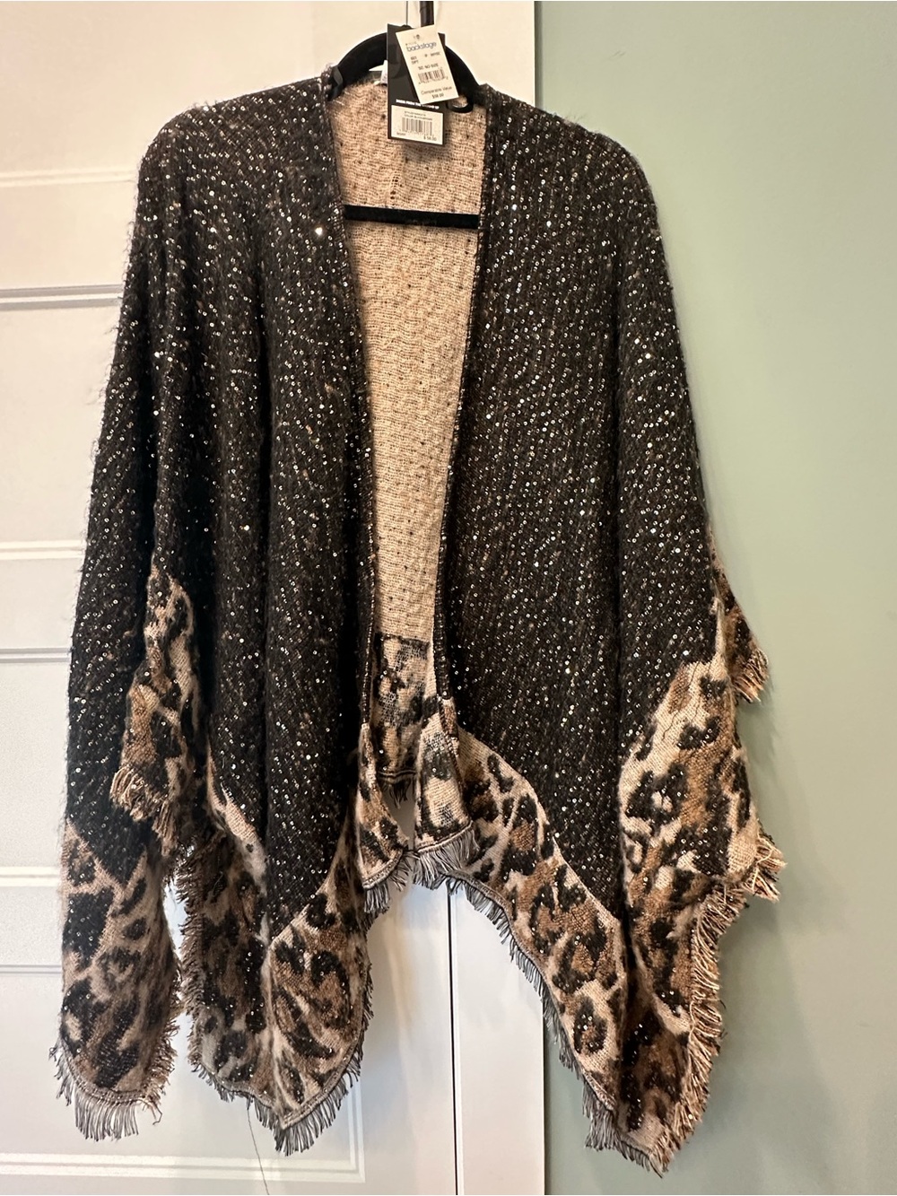 Cozy Brown Leopard-Trim Knit Poncho Sweater